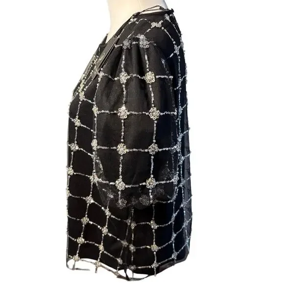 Adrianna Papell Beaded Mesh Top Black Sequin Puff Sleeve Sheer Blouse NWT Sz L - Picture 5 of 10
